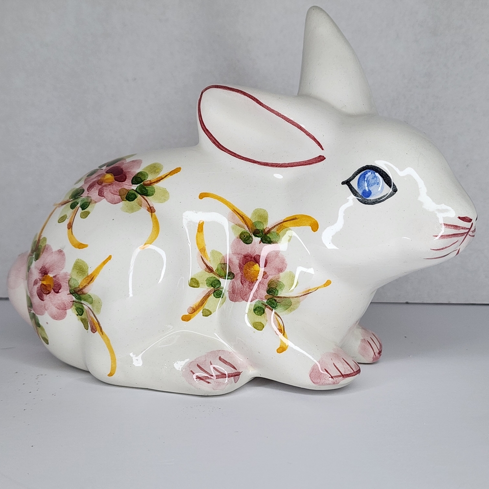 White and Pink Ceramic Bunny Decor with Floral Accents